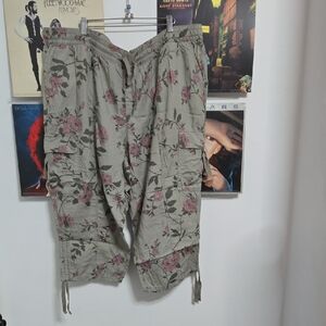 Lane Bryant Olive Cargo Capris with Pink Floral Accents